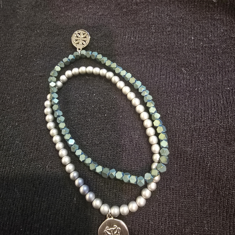 Green Faceted and Silver Bead Stretch Bracelet Set - Women Jewelry